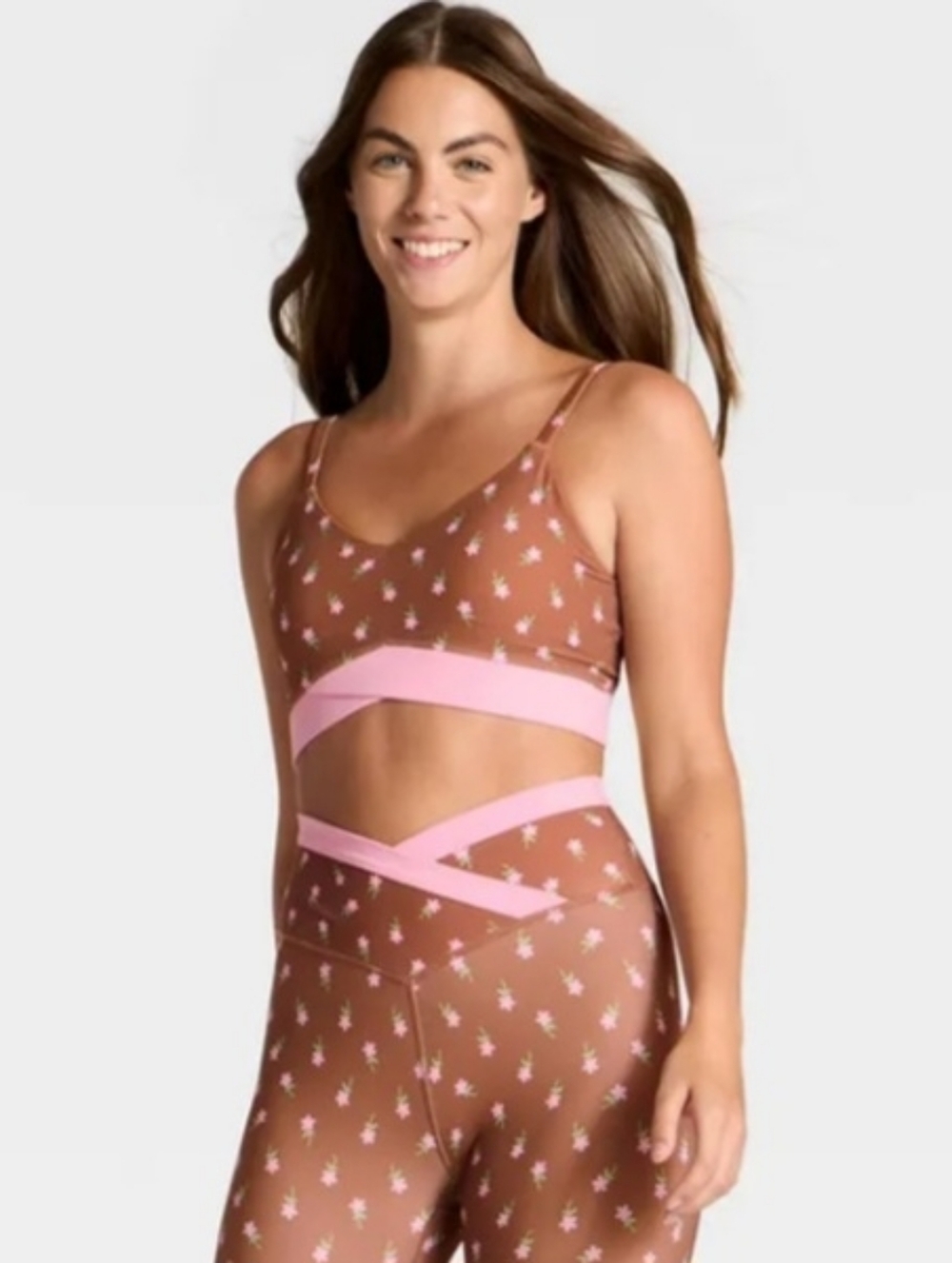 JoyLab Brown Floral Sports Bra with Pink Bands